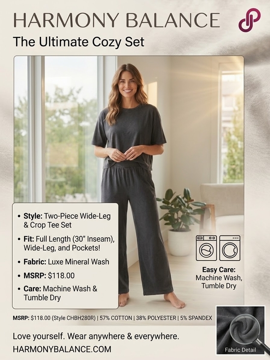 Harmony Balance Pants - Harmony Balance Wide-Leg 2-Piece Set — Mineral Wash Charcoal, NWT